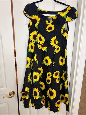 Sunflower Print Black Fit & Flare Dress